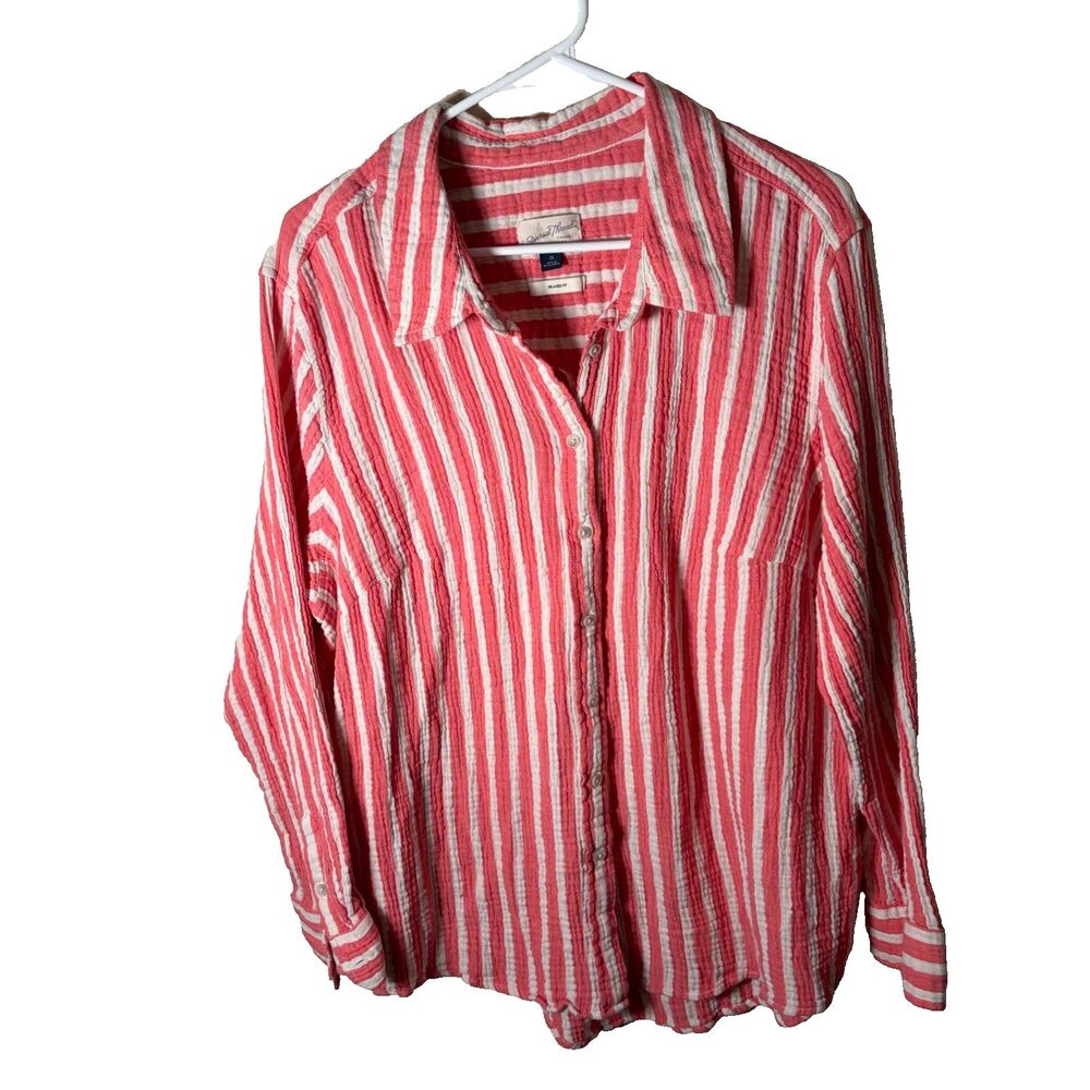 Universal Thread Shirt Women's 2X Red Striped Gauze Button Up Collared Casual